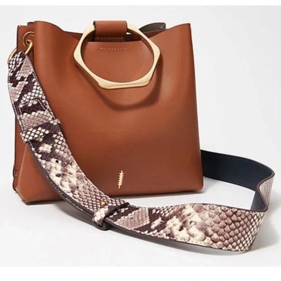 Thacker Brown Leather Bucket Bag with Snake Print Shoulder Strap - Picture 1 of 10